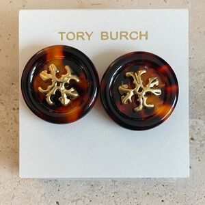 Tory Burch Tortoiseshell Logo Button Stud Earrings Gold Tone Large Statement